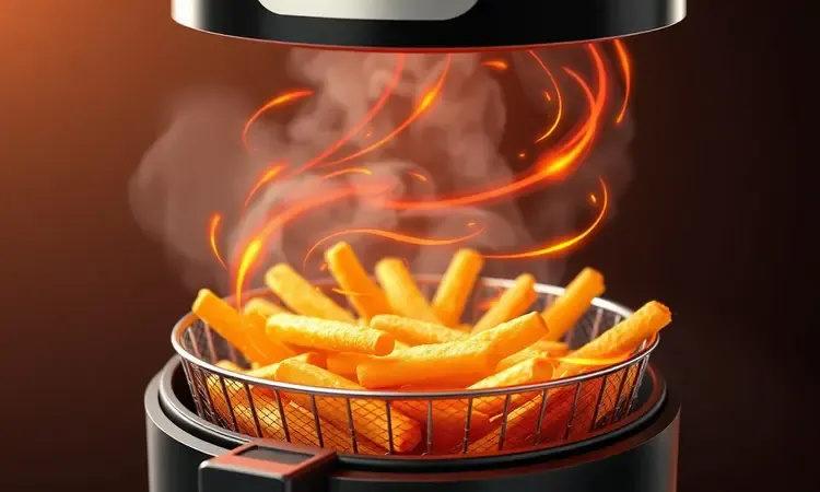 Ilustração 3D da tecnologia de circulação de ar quente em uma fritadeira elétrica com batatas douradas.