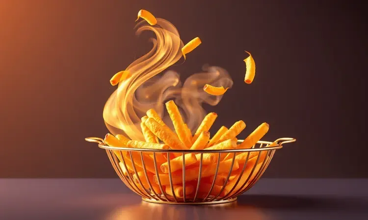 Ilustração 3D conceitual do fluxo de ar quente circulando e tornando batatas fritas crocantes.