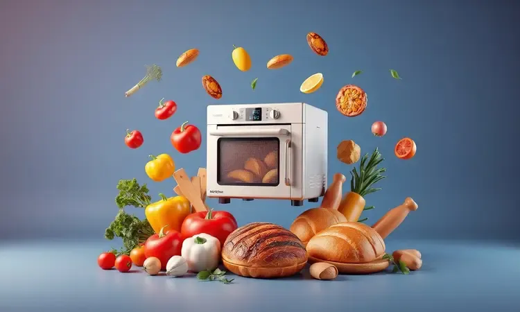 Representação conceitual 3D da versatilidade culinária com ingredientes coloridos e iluminação aconchegante em uma cozinha moderna.