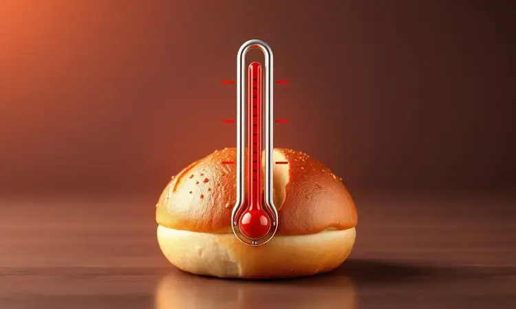 Representação 3D conceitual de um termômetro digital brilhando com luz quente sobre um pão perfeitamente dourado.