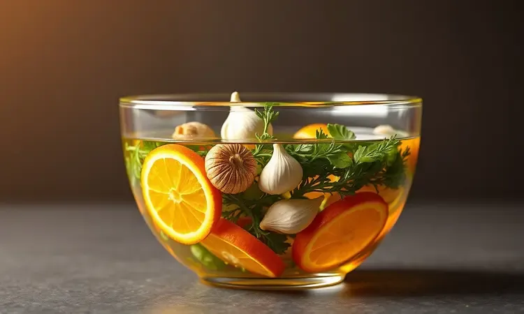 Marinada colorida com ervas frescas, alho e especiarias em um recipiente de vidro para temperar galeto.