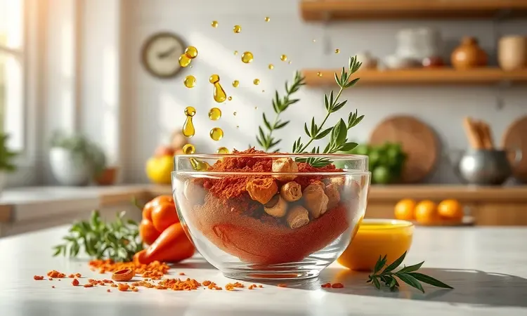Tigela conceitual com temperos vibrantes e ervas frescas para marinada de frango.