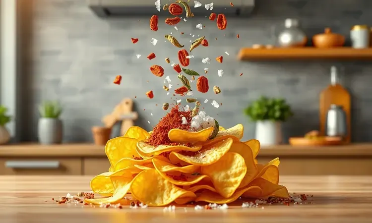 Temperos coloridos, ervas e sal marinho caindo suavemente sobre uma pilha de batatas chips douradas.