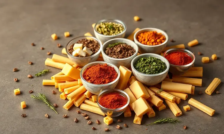 Potes coloridos com diversos temperos e ervas frescas em uma cena 3D vibrante.