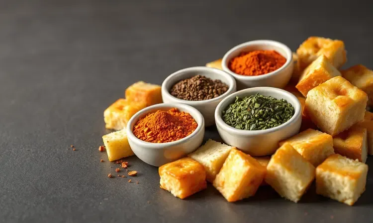 Pequenas tigelas com especiarias coloridas e ervas frescas para temperar croutons caseiros.