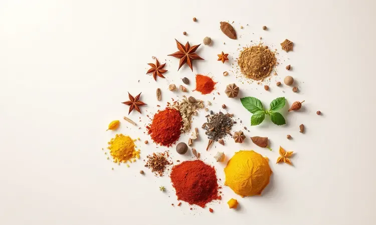 Disposição artística de temperos e ervas coloridas em 3D para ilustrar variações de sabor na culinária.