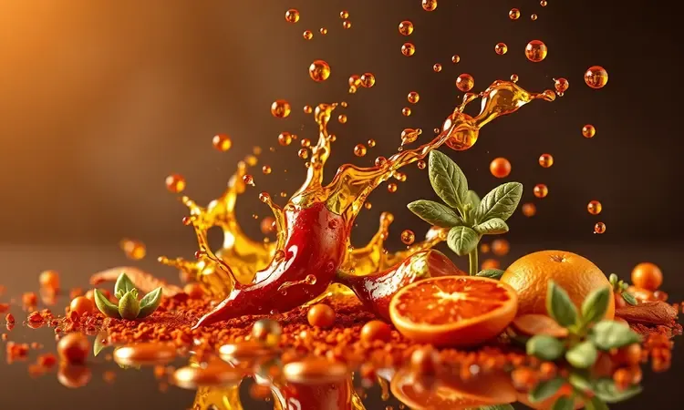 Composição vibrante de especiarias coloridas e ervas aromáticas em uma cena 3D conceitual.