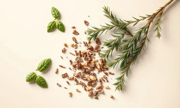 Ervas aromáticas desidratadas e frescas organizadas de forma estética sobre uma superfície neutra.