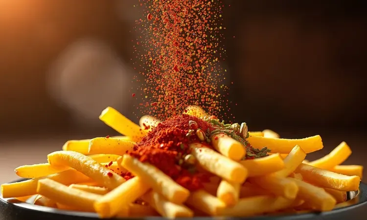 Especiarias e ervas aromáticas sendo polvilhadas sobre batatas fritas em uma cena 3D colorida.
