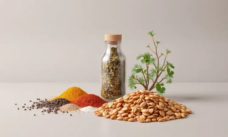 Uma composição artística com pinhões e temperos variados como sal grosso e ervas em cores vibrantes.