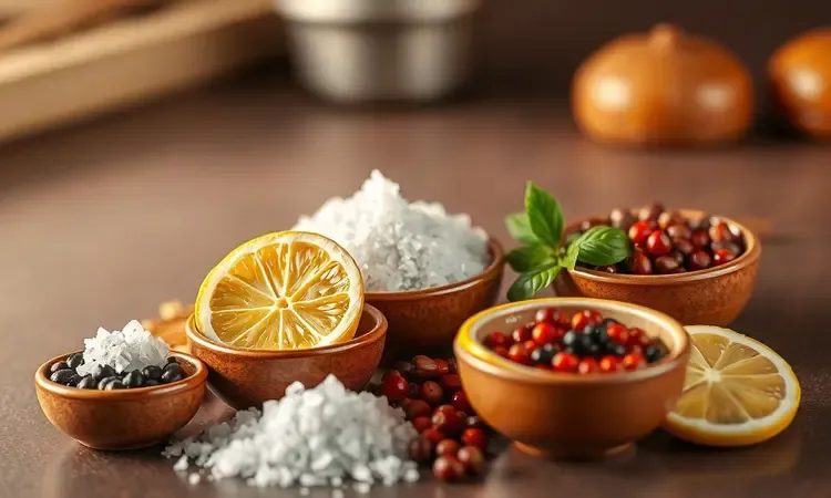 Tigelas com temperos naturais e limão para preparar panceta na airfryer.