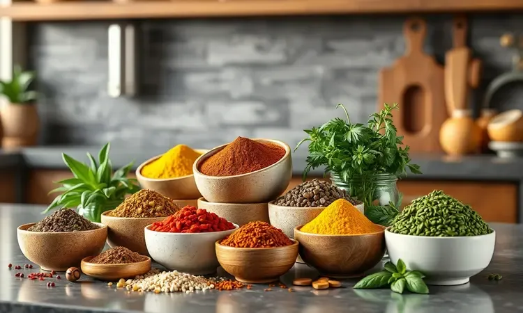 Variedade de temperos coloridos e ervas frescas em pequenas tigelas para marinar bife.