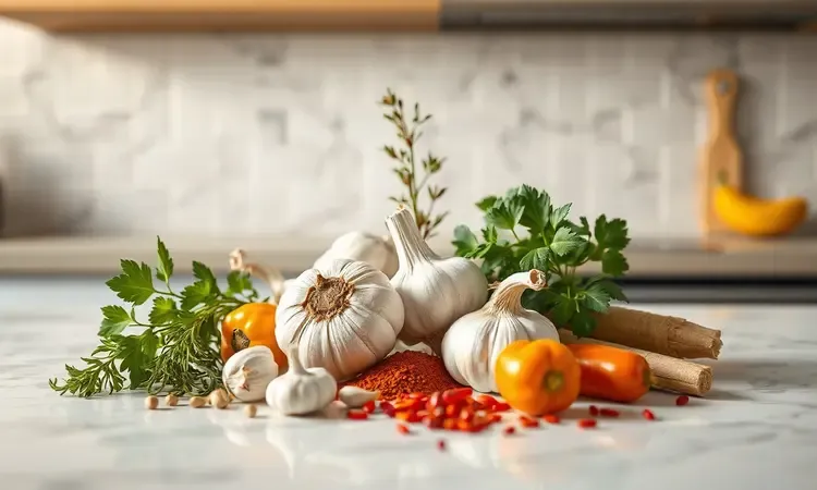 Cena 3D conceitual de ervas frescas e especiarias coloridas sobre uma bancada de cozinha moderna com iluminação quente.