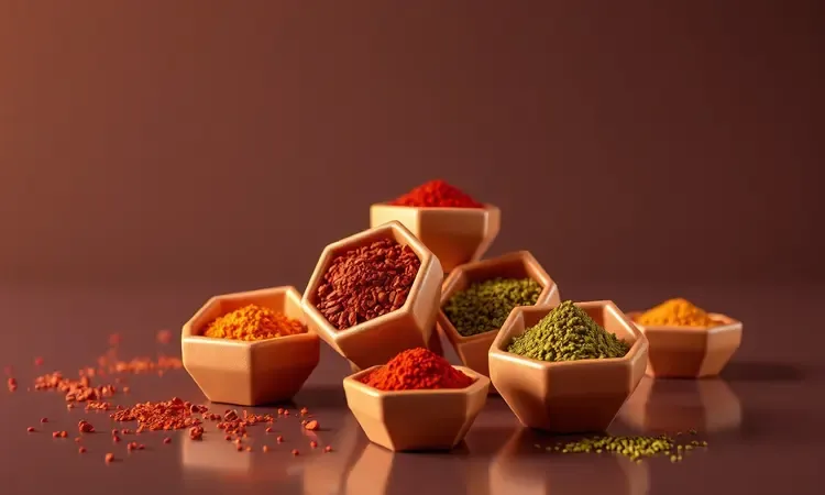 Pequenos recipientes geométricos com temperos coloridos e vibrantes dispostos de forma artística para o snack.