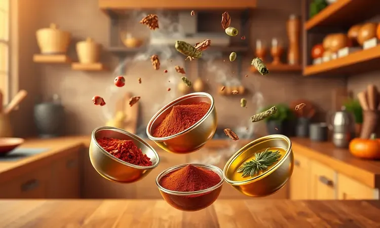 Composição 3D artística com diversos temperos coloridos e ervas frescas flutuando em um ambiente de cozinha vibrante.