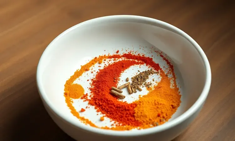 Composição conceitual 3D com temperos coloridos e ervas secas em uma tigela para marinada de frango.