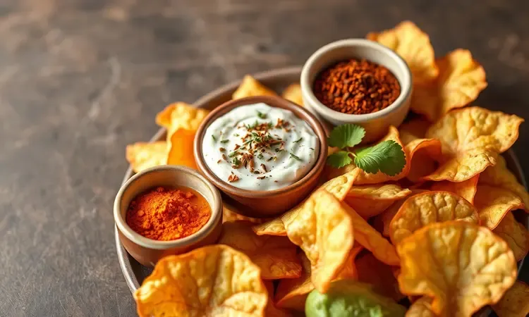 Pequenas tigelas de cerâmica com especiarias coloridas e ervas frescas para temperar snacks.