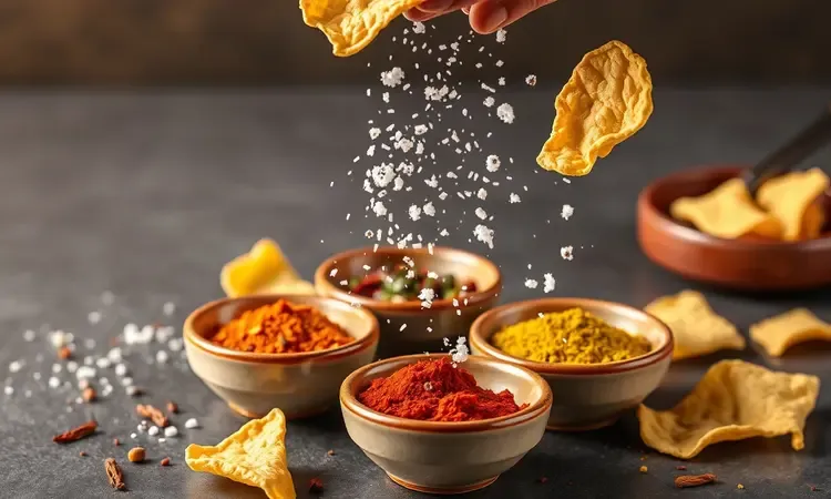 Tigelas pequenas com temperos coloridos e ervas para aromatizar snacks saudáveis de forma natural.