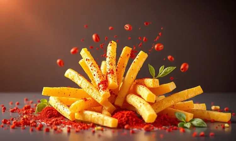 Batata palha temperada com especiarias coloridas e ervas frescas em uma composição artística.