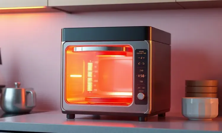 Representação conceitual de calor e cronômetro em uma fritadeira de ar moderna com luzes quentes.