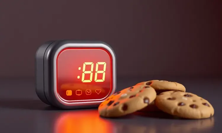Ilustração 3D conceitual de um cronômetro e termômetro com luz quente para indicar o ponto ideal do biscoito.