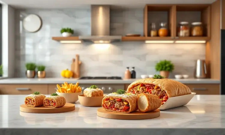 Coxinhas de tamanhos diferentes organizadas em uma bancada de cozinha moderna com iluminação quente.