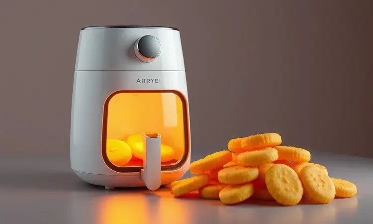 Fritadeira sem óleo moderna com luz interna quente ao lado de broas de fubá douradas, estilo 3D vibrante.