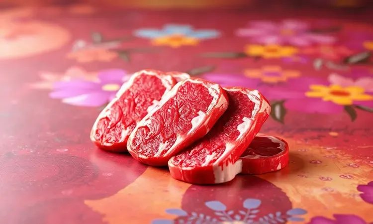Representação artística de diferentes pontos da carne grelhada variando do malpassado ao bem passado em render 3D colorido.