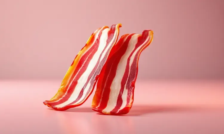 Comparação visual entre fatias finas e grossas de bacon crocante e suculento em uma superfície minimalista 3D.