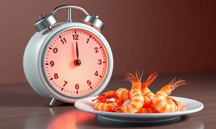 Conceito visual em 3D de tempo de cozimento perfeito para camarões rosados e suculentos.
