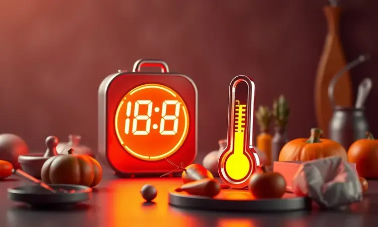 Representação 3D estilizada de um cronômetro e ícones de calor para indicar precisão no preparo da pizza.