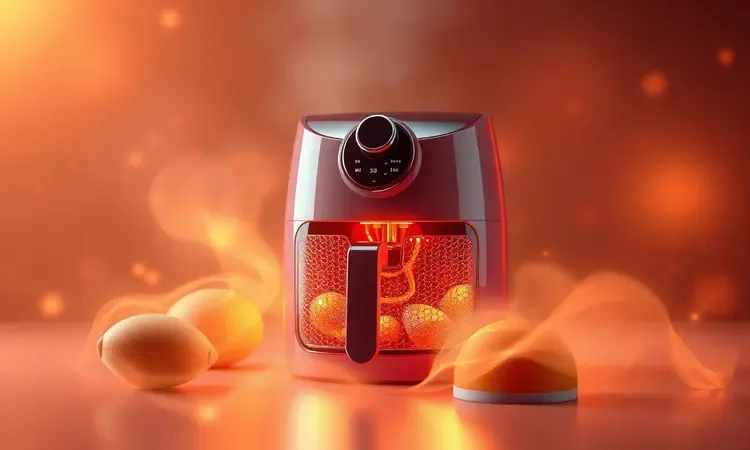 Representação estilizada de uma airfryer moderna emitindo um brilho quente e dourado indicando temperatura ideal.