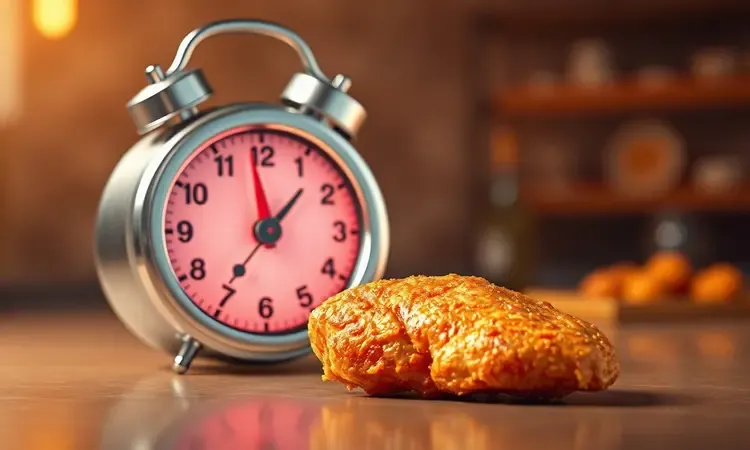 Conceito visual de um cronômetro e temperatura ideal para grelhar frango em tons quentes.