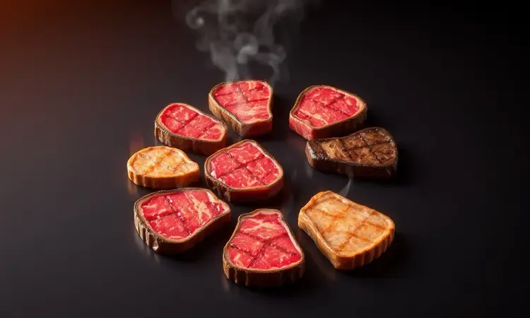 Diferentes pontos de cozimento da carne picanha representados de forma artística e colorida.