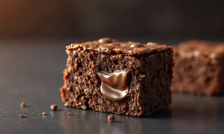 Close-up conceitual 3D mostrando a textura perfeita de um brownie com casquinha craquelada e centro macio e úmido.