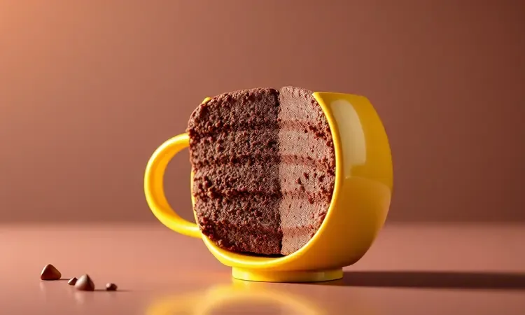 Demonstração da textura fofinha e aerada de um bolo de caneca de chocolate.