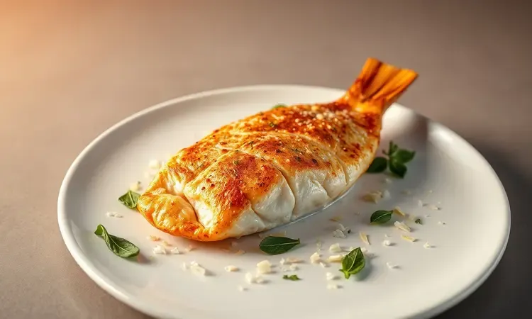 Filé de peixe com crosta crocante de ervas e queijo parmesão em estilo conceitual 3D vibrante.