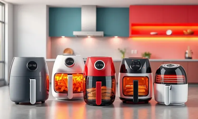 Ilustração 3D comparando diferentes formatos de air fryers gigantes como modelos de cesto e forno oven.