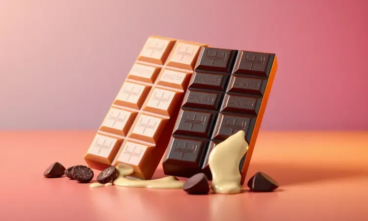 Representação artística em 3D de diferentes tipos de barras de chocolate sobre uma superfície colorida com iluminação de estúdio.