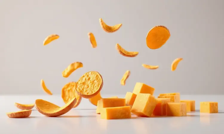 Cortes variados de batata-doce em formatos de chips, palitos rústicos e cubos flutuando em uma composição dinâmica.