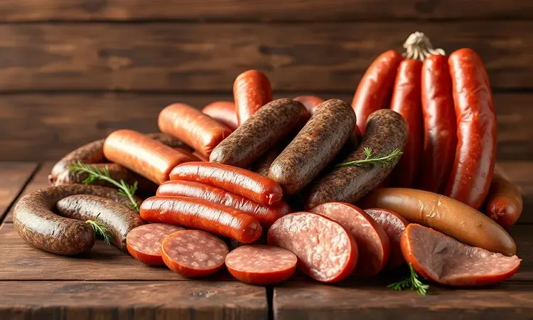 Variedade de linguiças artesanais sem marca sobre uma tábua de madeira em uma composição artística e colorida.