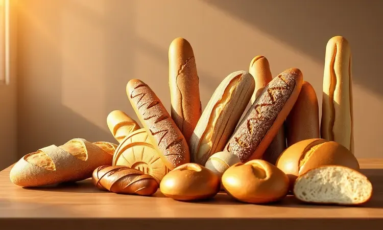 Diferentes tipos de pães artesanais e baguetes dispostos para o preparo de farinha de rosca.