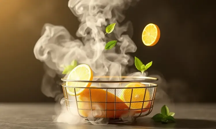 Vapor refrescante saindo de uma airfryer com fatias de limão e hortelã para ilustrar frescor.