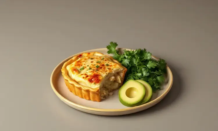 Torta de frango saudável versão fit servida com folhas verdes em um prato minimalista conceitual 3D.