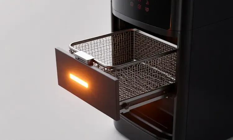 Imagem conceitual 3D mostrando o encaixe perfeito da gaveta de uma fritadeira elétrica.
