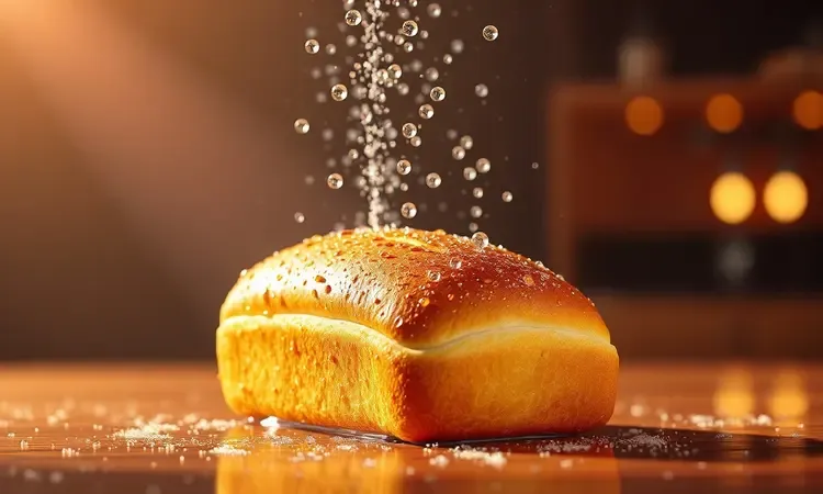 Representação 3D vibrante de gotas de água hidratando um pão francês antes de ir para a fritadeira elétrica.