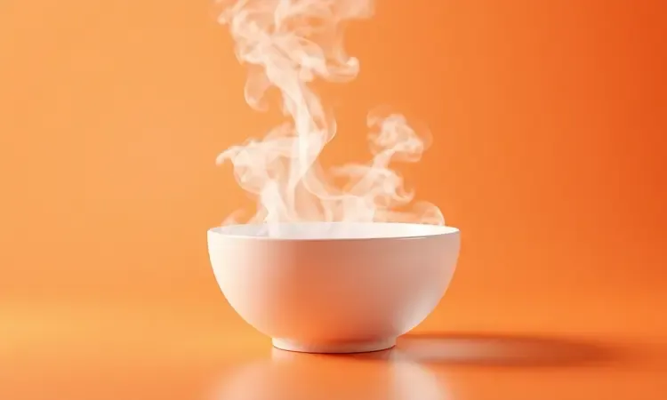 Representação artística 3D de vapor suave subindo de uma tigela com água para facilitar a limpeza de gordura pesada.