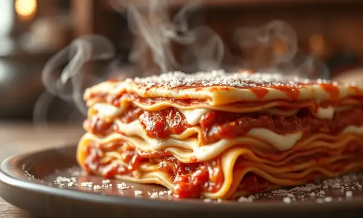 Imagem conceitual 3D de uma lasanha suculenta com molho abundante para evitar o ressecamento na fritadeira.