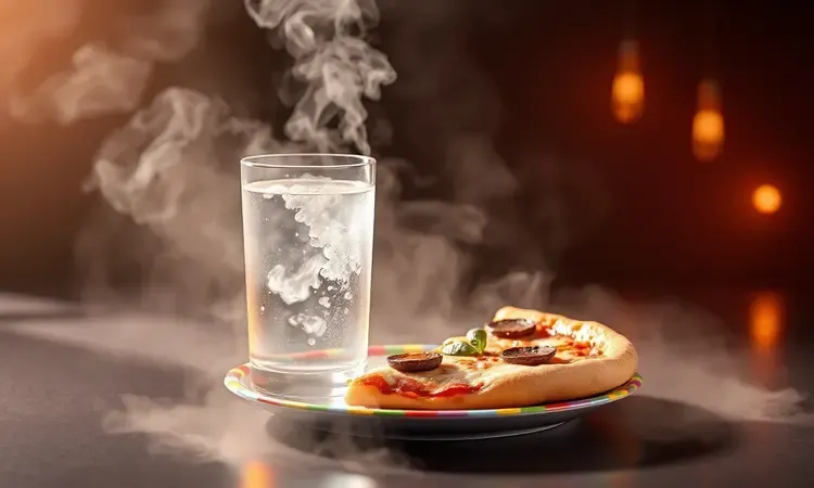 Truque do copo de água ao lado de uma fatia de pizza para manter a crocância no micro-ondas.