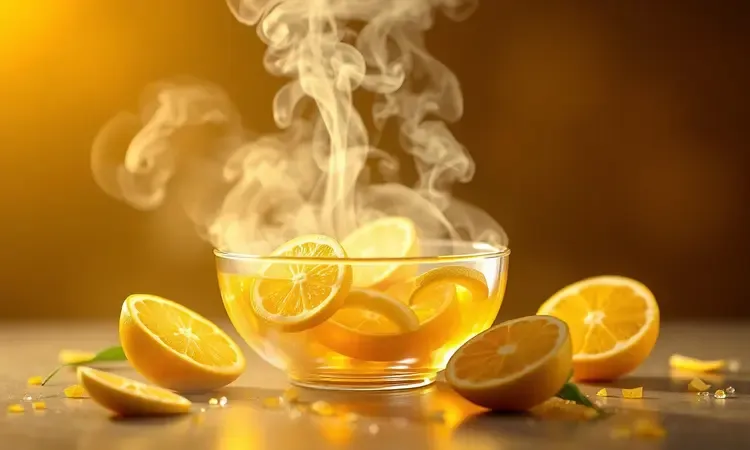 Vapor saindo de uma tigela com fatias de limão fresco em um estilo conceitual e vibrante com cores cítricas.